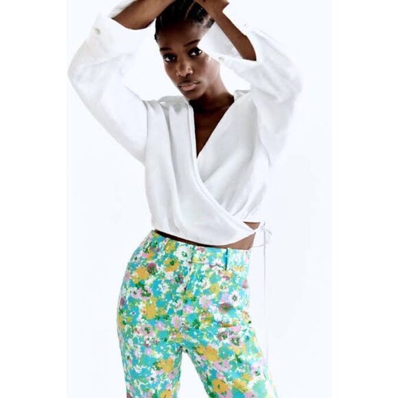 NWT Zara Floral Printed Linen Blend High Waisted Cropped Flare Trousers, Size 4 - Picture 5 of 16